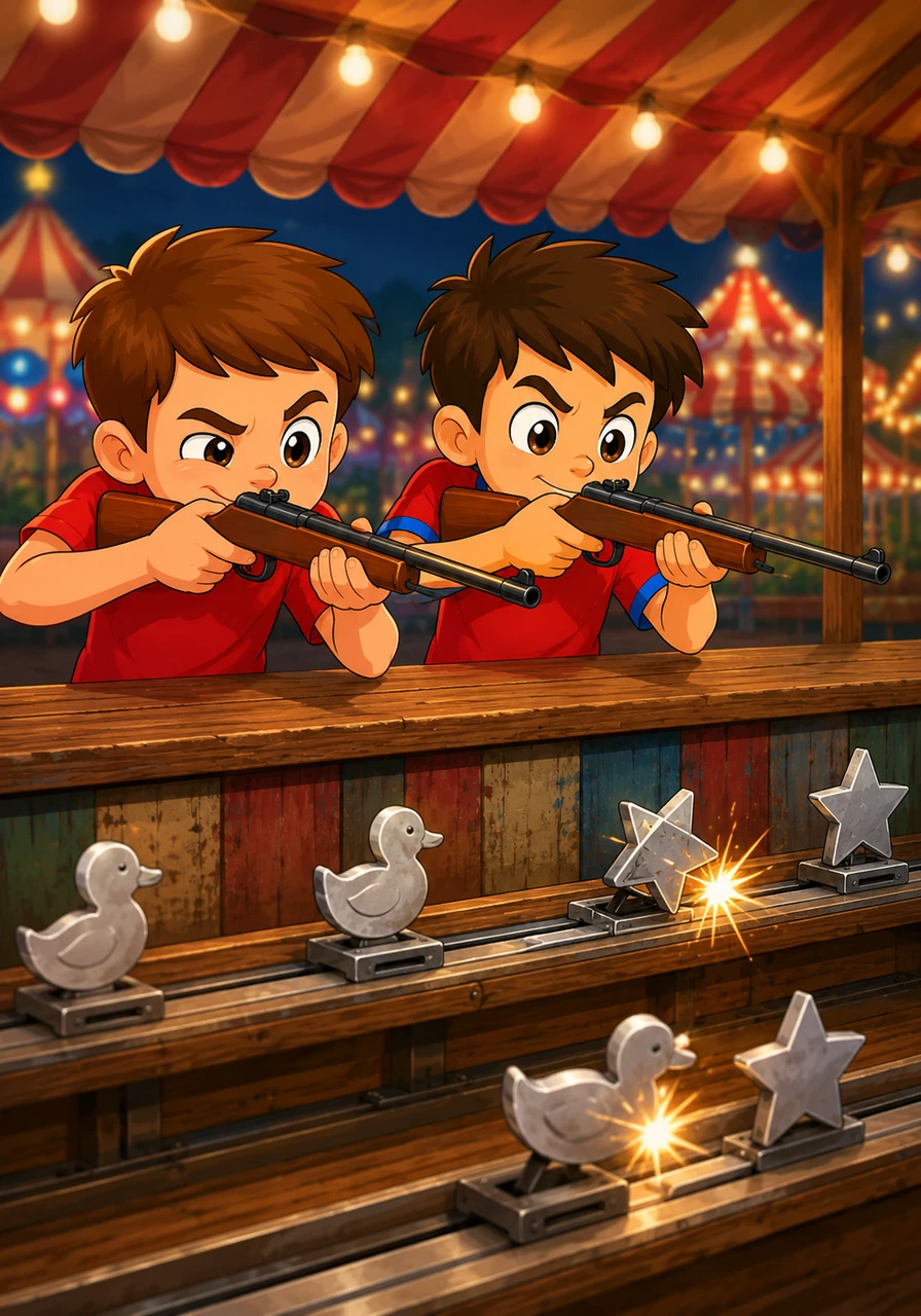 A test of speed awaits at the Shooting Gallery, where silver targets move back and forth behind a rustic counter. John and Peter aim their cork rifles carefully, clicking the triggers as they try to knock down the tiny metal ducks and stars.