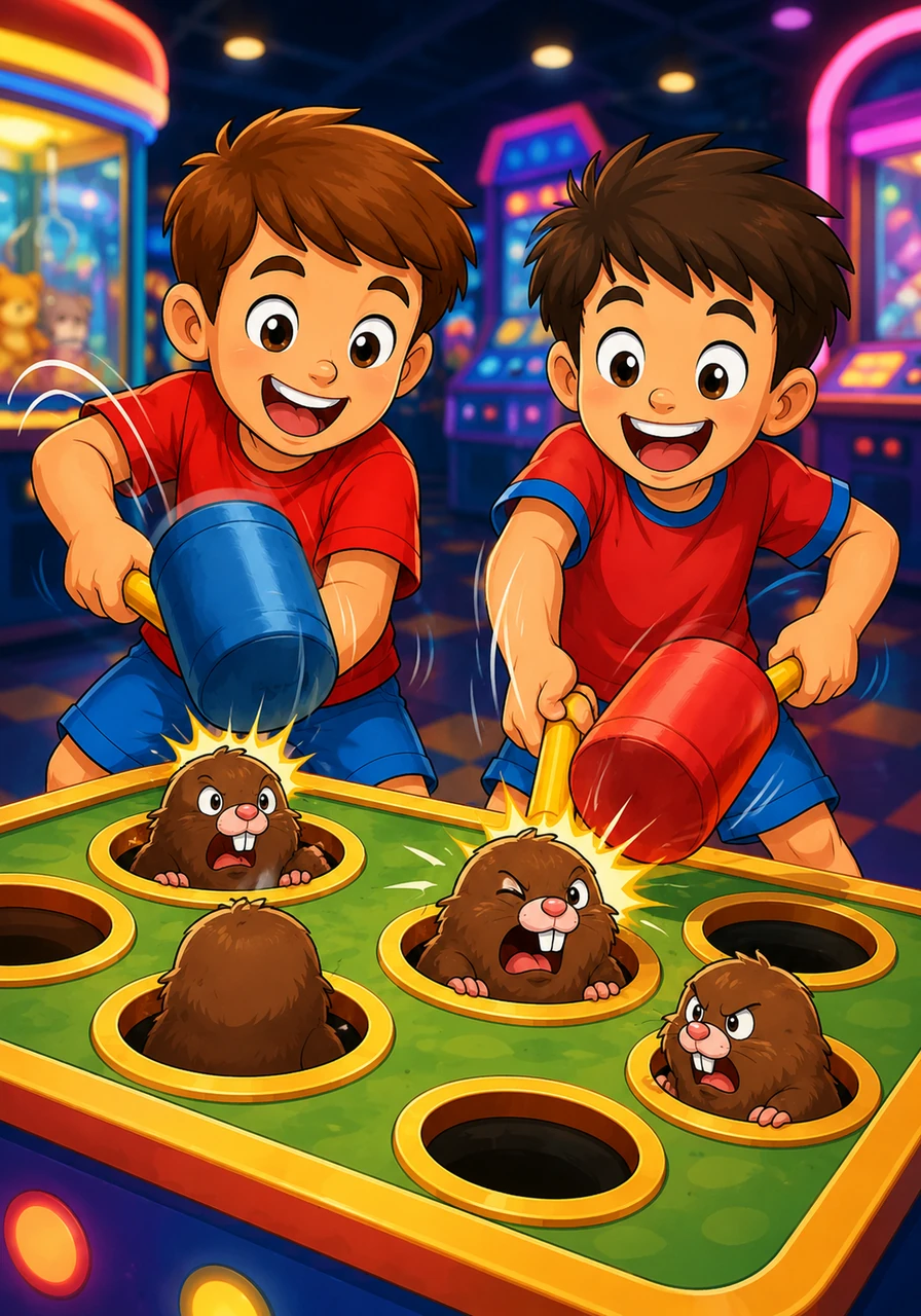 Laughter erupts as the boys reach the Whack-a-Mole station, clutching padded mallets in their hands. They move fast, bonking the fuzzy brown moles that pop up from the holes, competing to see who has the quickest reflexes.