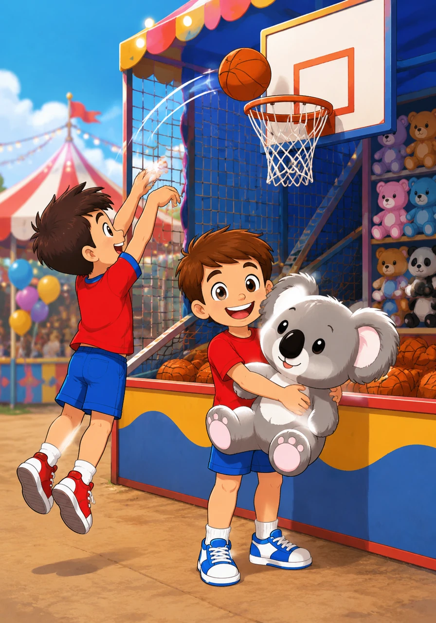 The boys head to the Basketball Toss, where the orange hoops seem just a little too high and the balls bounce with a heavy thud. Peter takes a jump shot and the ball swishes through the net, earning them a giant stuffed animal to carry along.