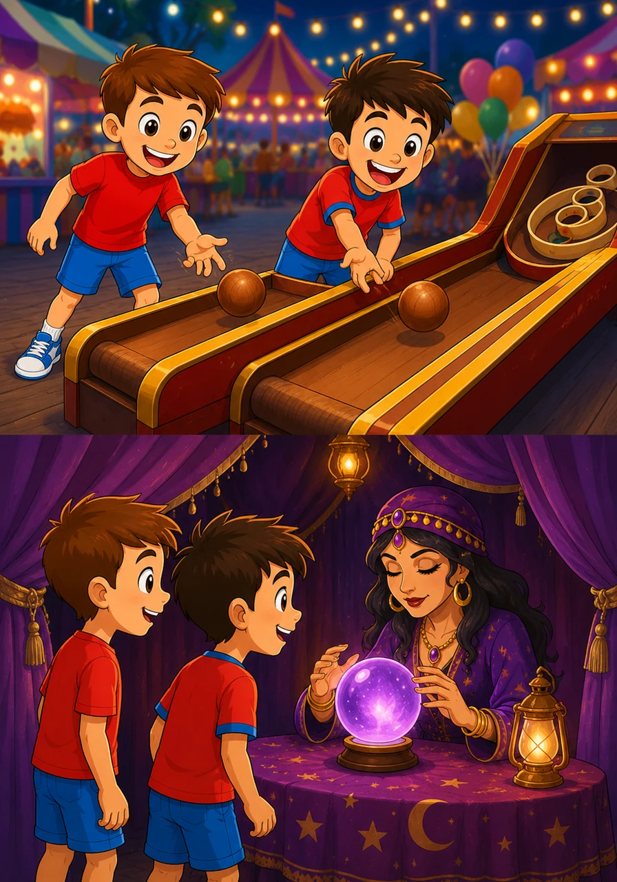 They slow down at the Skee-ball lanes, rolling heavy wooden balls up a smooth ramp toward the target rings. After the games, they visit the Fortune Teller’s purple tent, where a mysterious lady gazes into a crystal ball and predicts a future full of more fun.