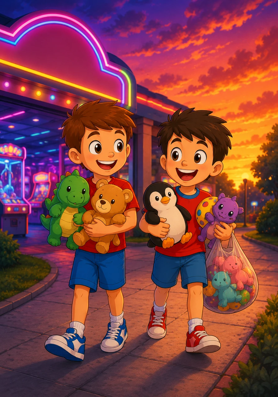 The sun begins to set as they visit the Arcade Pavilion, where neon lights and electronic music fill the air. Tired but happy, John and Peter follow the path to the exit in the bottom right corner, carrying their prizes and memories of a perfect day.