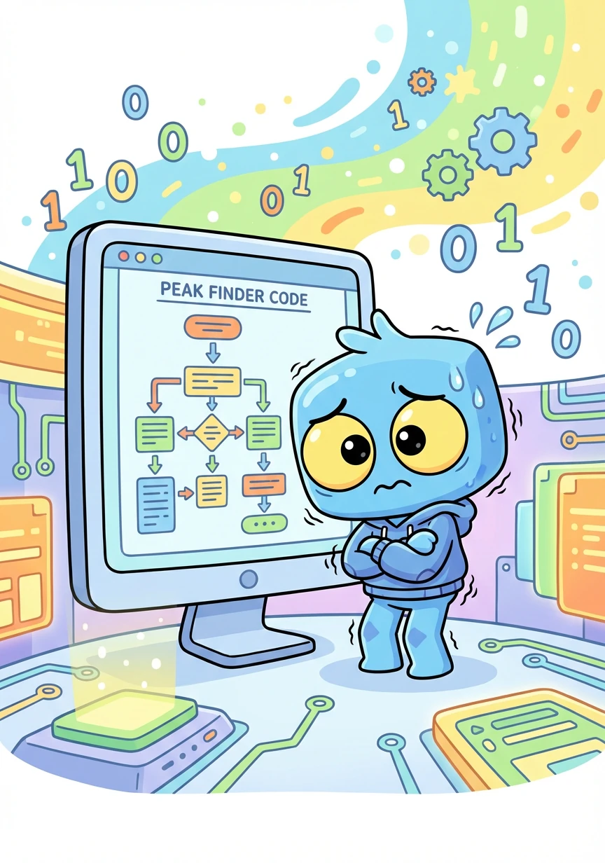 Algie, a small, nervous algorithm, lived inside a computer. He worried constantly about making mistakes. Today, he received a new task: understand the 'Peak Finder' code.