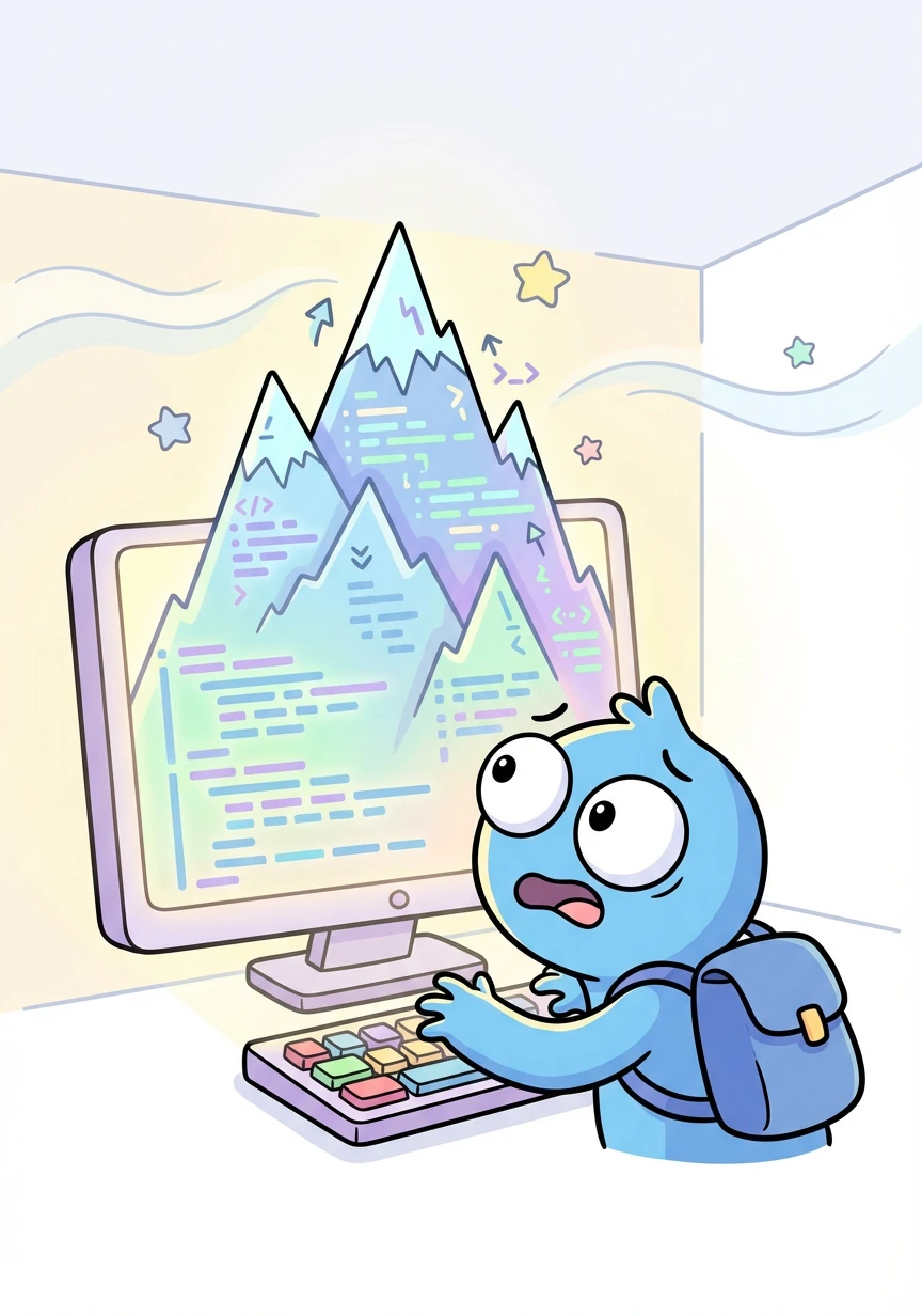 The Peak Finder code was represented as a towering mountain range on Algie's screen. Each peak and valley corresponded to a different line of code, and Algie felt overwhelmed.
