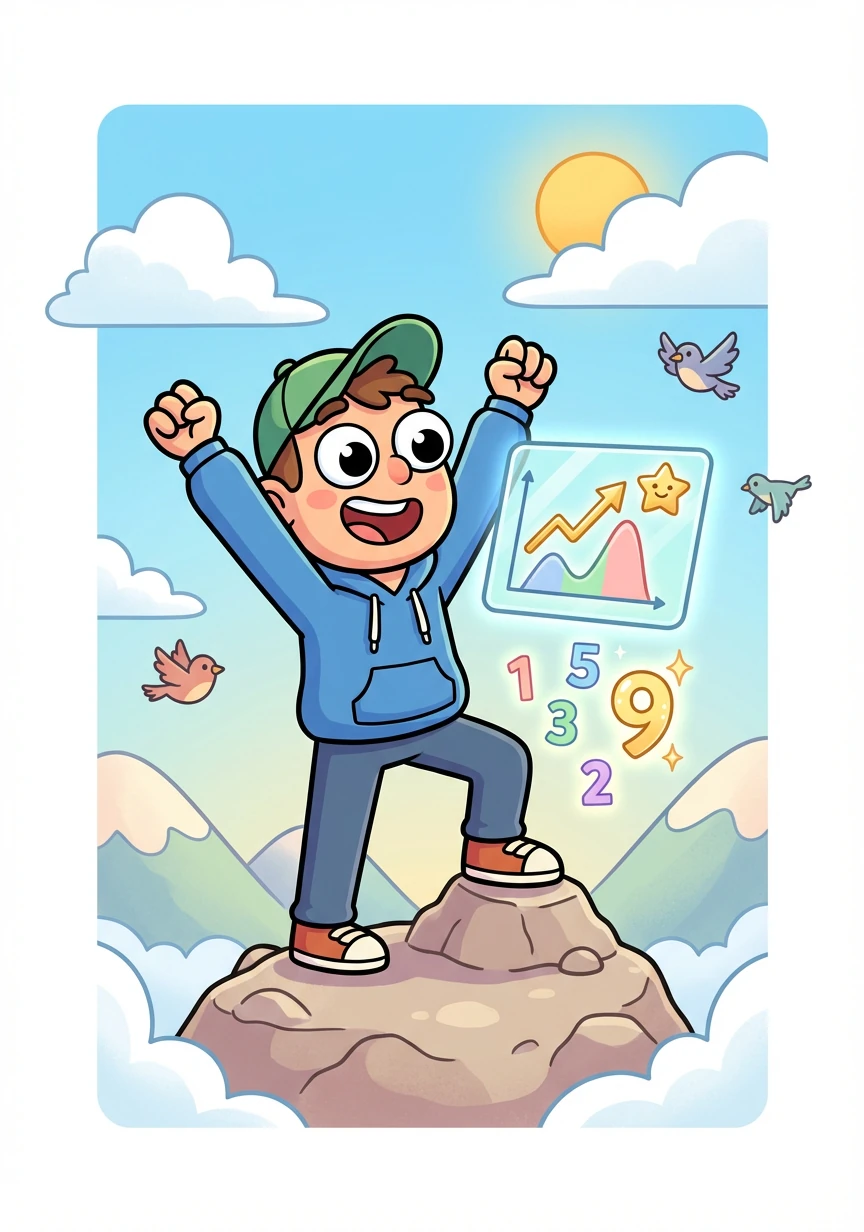 Finally, Algie reached the peak of the mountain! He understood how the Peak Finder code worked. It efficiently identified the highest point in any sequence of numbers.