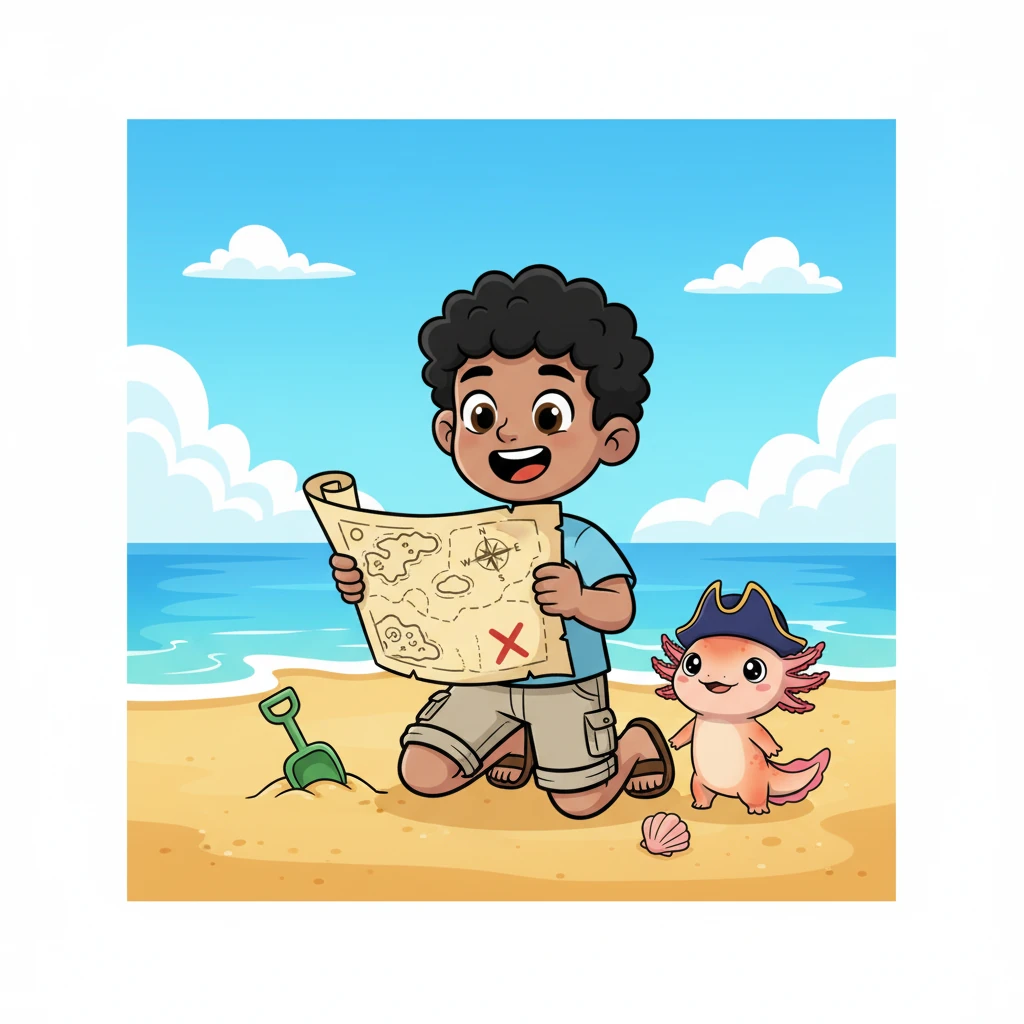Érase una vez, en una playa soleada, un niño llamado Leo y su pequeño ajolote, Ollin, encontraron un mapa enrollado. El mapa era viejo y tenía una X grande marcada en él. Leo exclamó con emoción: —¡Wow, es un mapa!