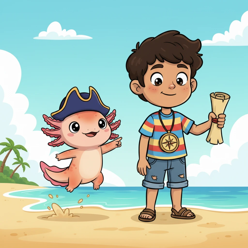 Ollin, el ajolote, saltó alegremente sobre la arena húmeda. Sus ojos redondos brillaban con curiosidad mientras señalaba el mapa con su aleta. Con una voz burbujeante, dijo: —¡Vayamos a una aventura!