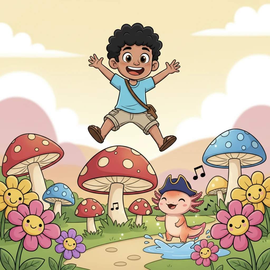 Caminaron por senderos cubiertos de flores que cantaban dulces melodías. Leo y Ollin se reían mientras saltaban sobre setas gigantes. El ajolote chapoteaba feliz en pequeños charcos de rocío mágico.