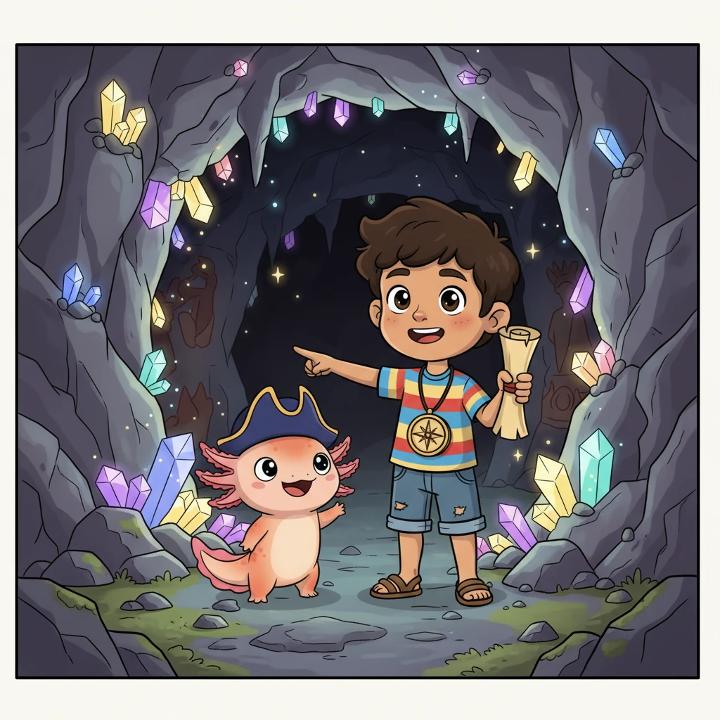 De repente, encontraron la entrada a una cueva secreta, adornada con cristales que parpadeaban como estrellas de colores. Dentro, el aire era suave y una luz tenue iluminaba murales antiguos. Era un lugar lleno de misterio y belleza.