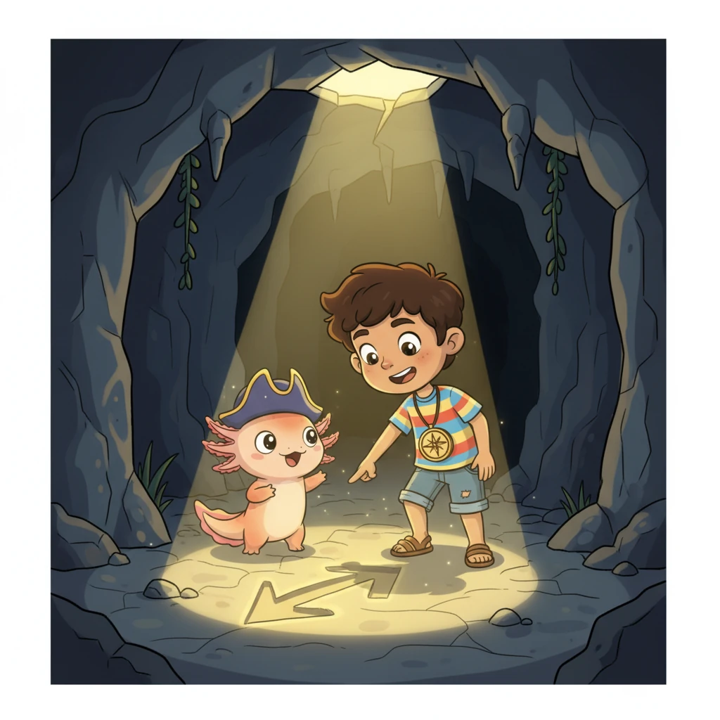 Para avanzar, tuvieron que resolver un pequeño acertijo de luz que les mostró el camino. Un rayo de sol se filtró por una grieta, revelando una flecha grabada en el suelo. La flecha apuntaba hacia lo profundo de la cueva.