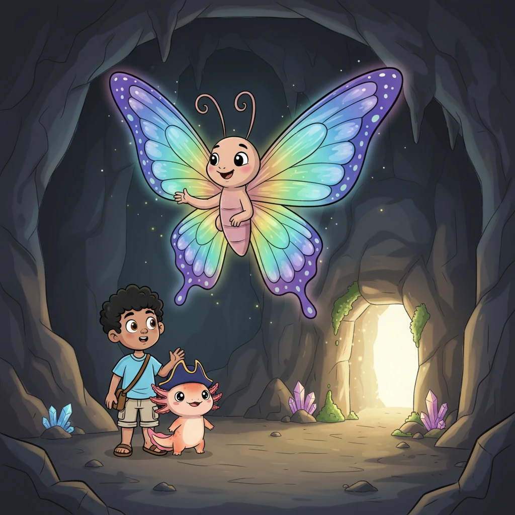 En el corazón de la cueva, conocieron a una mariposa gigante y amigable con alas iridiscentes. La mariposa les guio suavemente con el aleteo de sus alas. Les mostró el camino hacia una salida oculta, brillando con su propia luz.