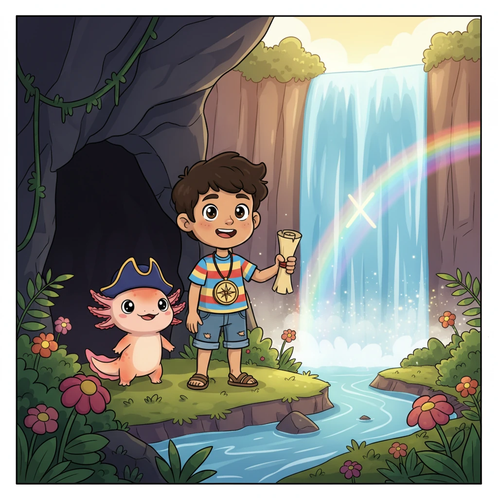 Salieron de la cueva a un claro exuberante, donde una cascada arcoíris caía majestuosamente. Detrás de las cortinas de agua, el mapa indicaba su destino final. El sonido del agua era como una sinfonía mágica.
