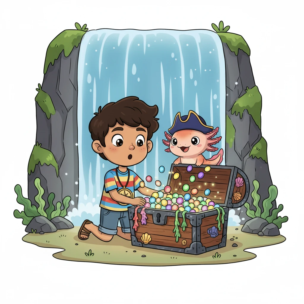 Allí, detrás de la cascada, encontraron un cofre de madera antigua, decorado con conchas marinas y algas brillantes. Al abrirlo, no había oro, sino un tesoro aún más valioso. Estaba lleno de semillas mágicas de todos los colores del arcoíris.