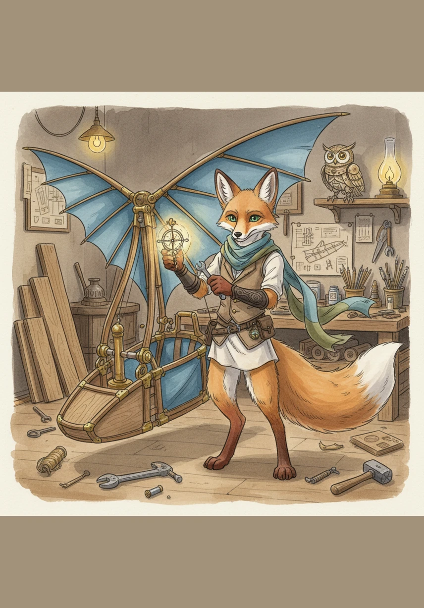 With a determined heart, Leo spent weeks in his workshop hammering wood and sewing silk to create a marvelous sky-glider. His mechanical compass hummed with excitement as he tightened the final bolt on his invention.