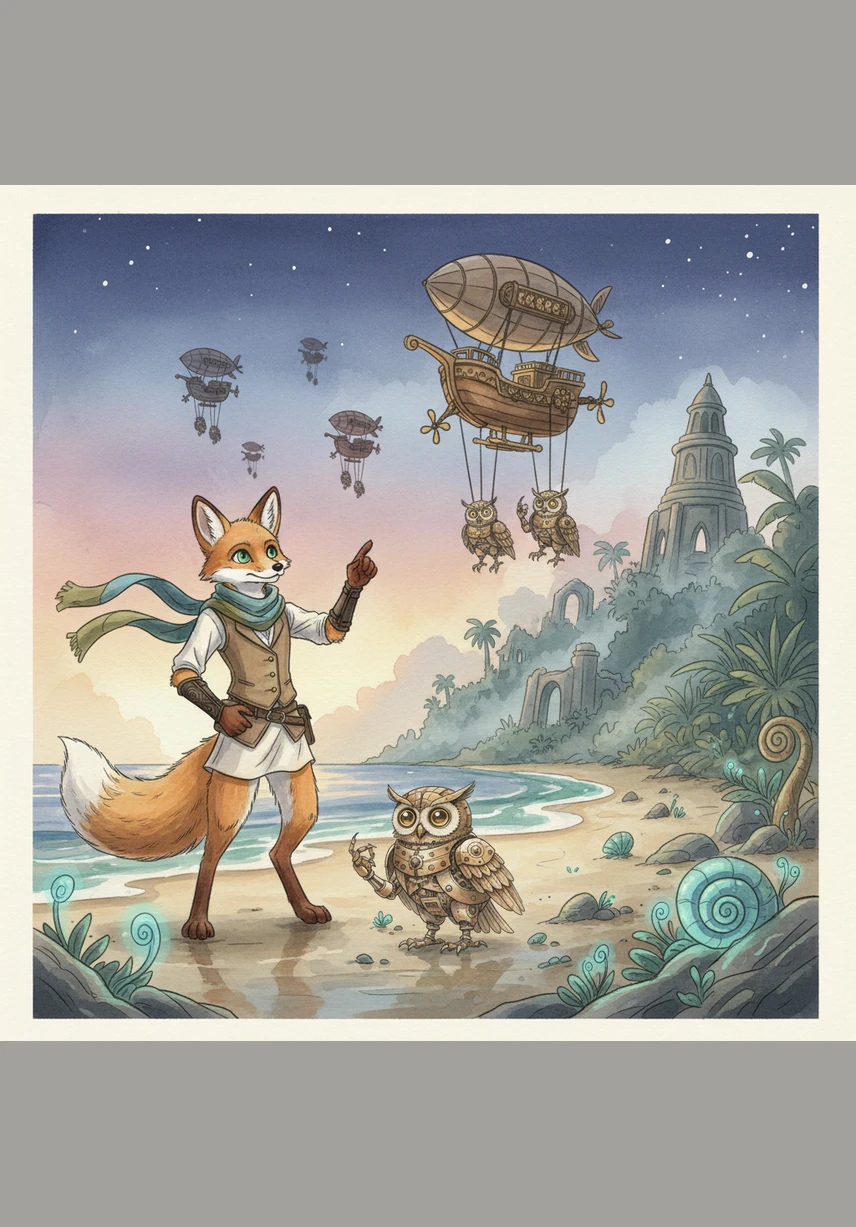 Leo landed his glider softly on the mossy shores of the Whispering Isle, where the trees hummed ancient songs. He followed the sound of gears and clockwork until he reached a giant hollow oak tree.
