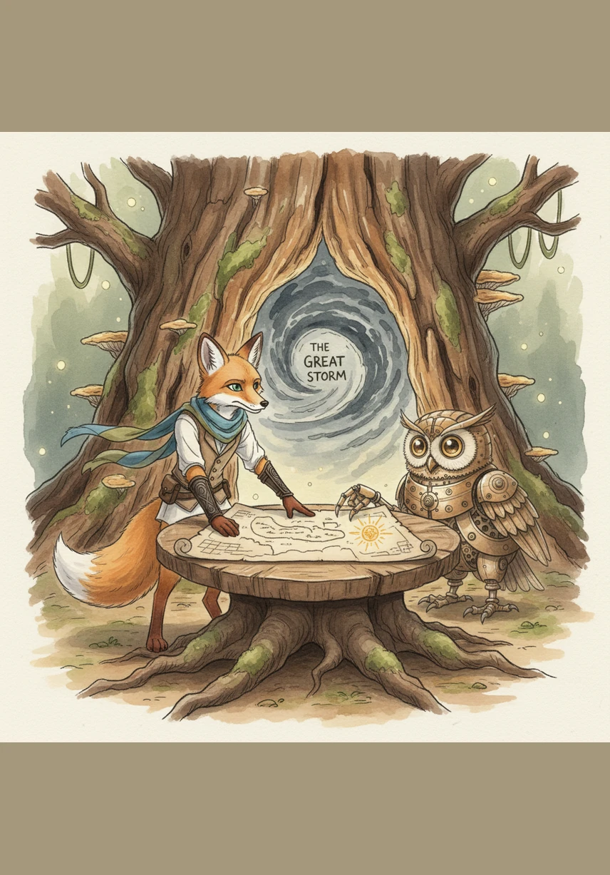 Inside the tree lived Hooten, a wise mechanical owl with eyes made of polished brass. Hooten examined the map and pointed his wing toward the Great Storm, warning Leo that the Sunstone lay just beyond the thunder.