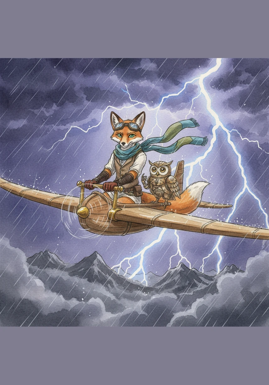 The sky turned a deep shade of purple as Leo flew directly into the heart of a crackling lightning storm. He gripped the controls tightly, maneuvering his glider through the wind with skill and bravery.