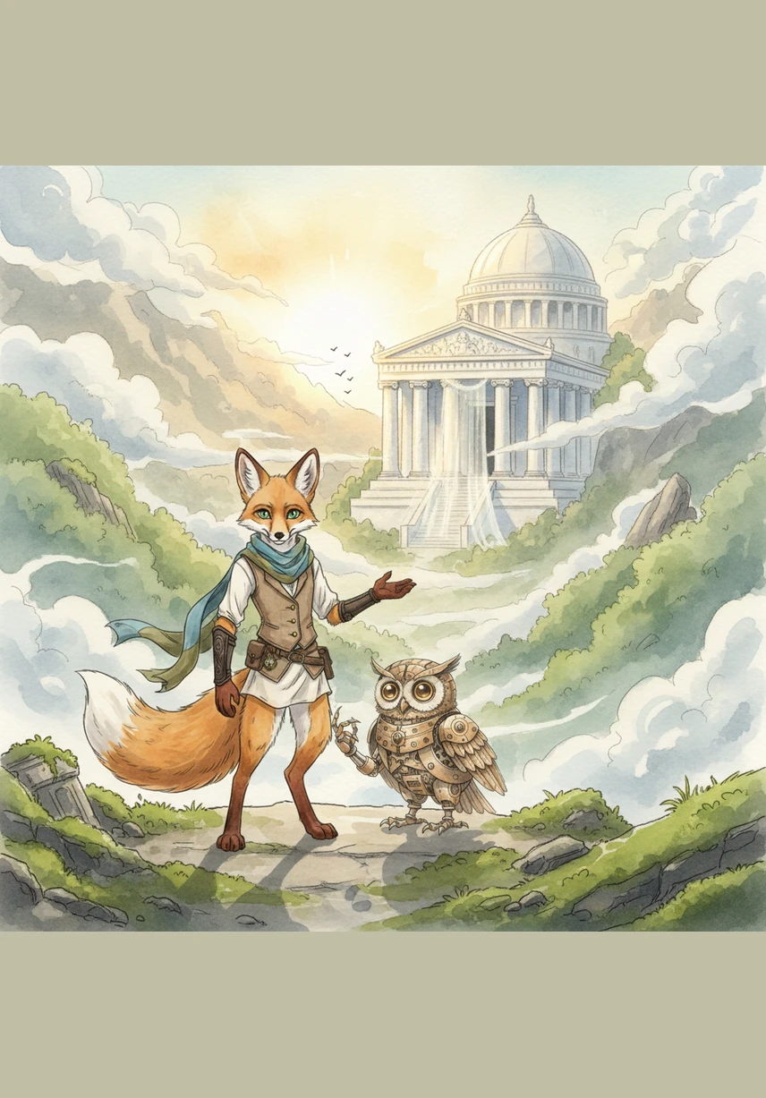 As the clouds parted, a magnificent temple carved from white marble appeared, hidden behind a cascading rainbow waterfall. Leo steered his glider through the mist and landed on the temple’s crystal courtyard.