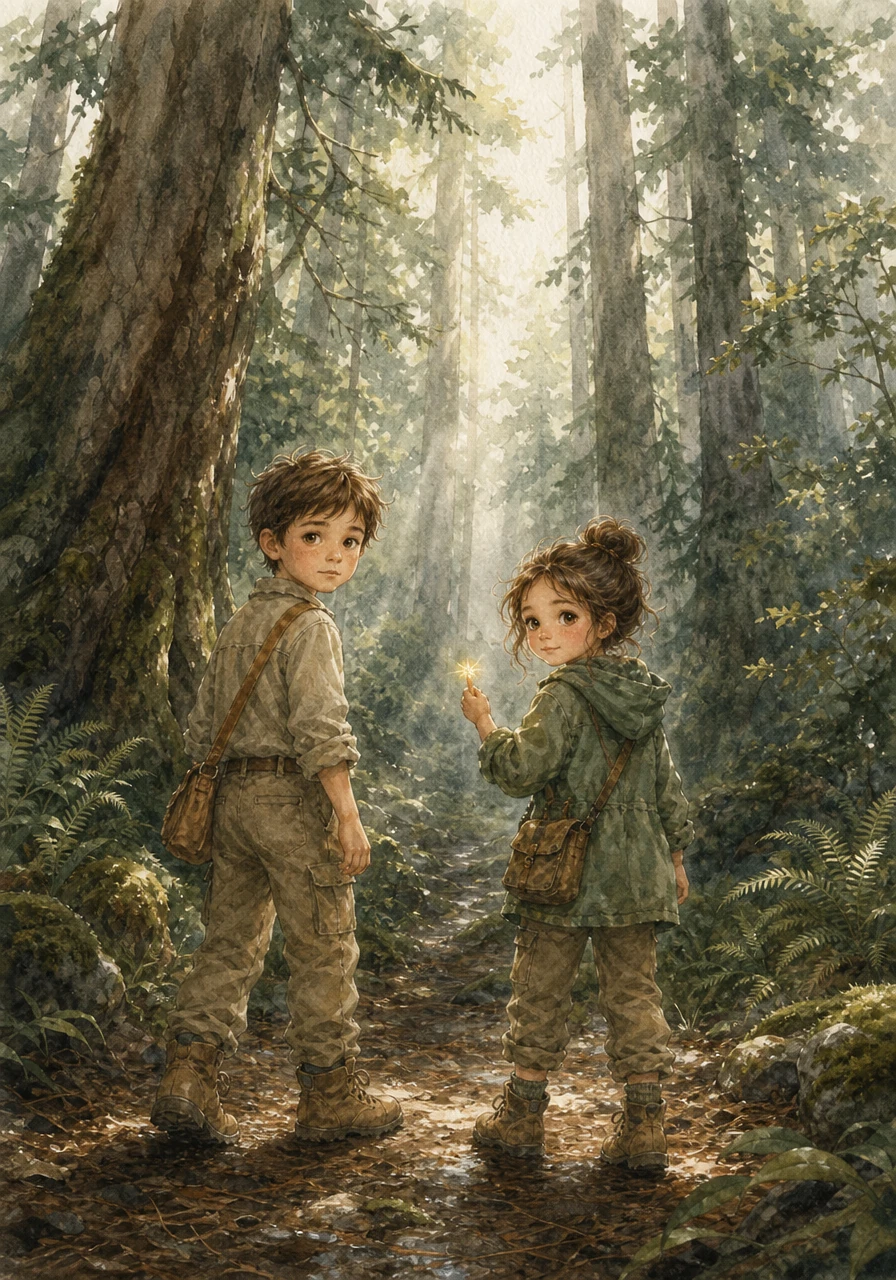 Leo and Mia stepped into the edge of the Whispering Woods, where the trees stretched high into the clouds. The air smelled of damp earth and pine needles, inviting them to explore the unknown depths of the greenery.