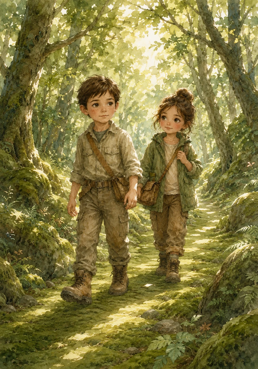 They followed a winding trail lined with soft, emerald moss that felt like a velvet carpet under their feet. Sunlight filtered through the dense canopy, creating dancing patterns of golden light on the forest floor.