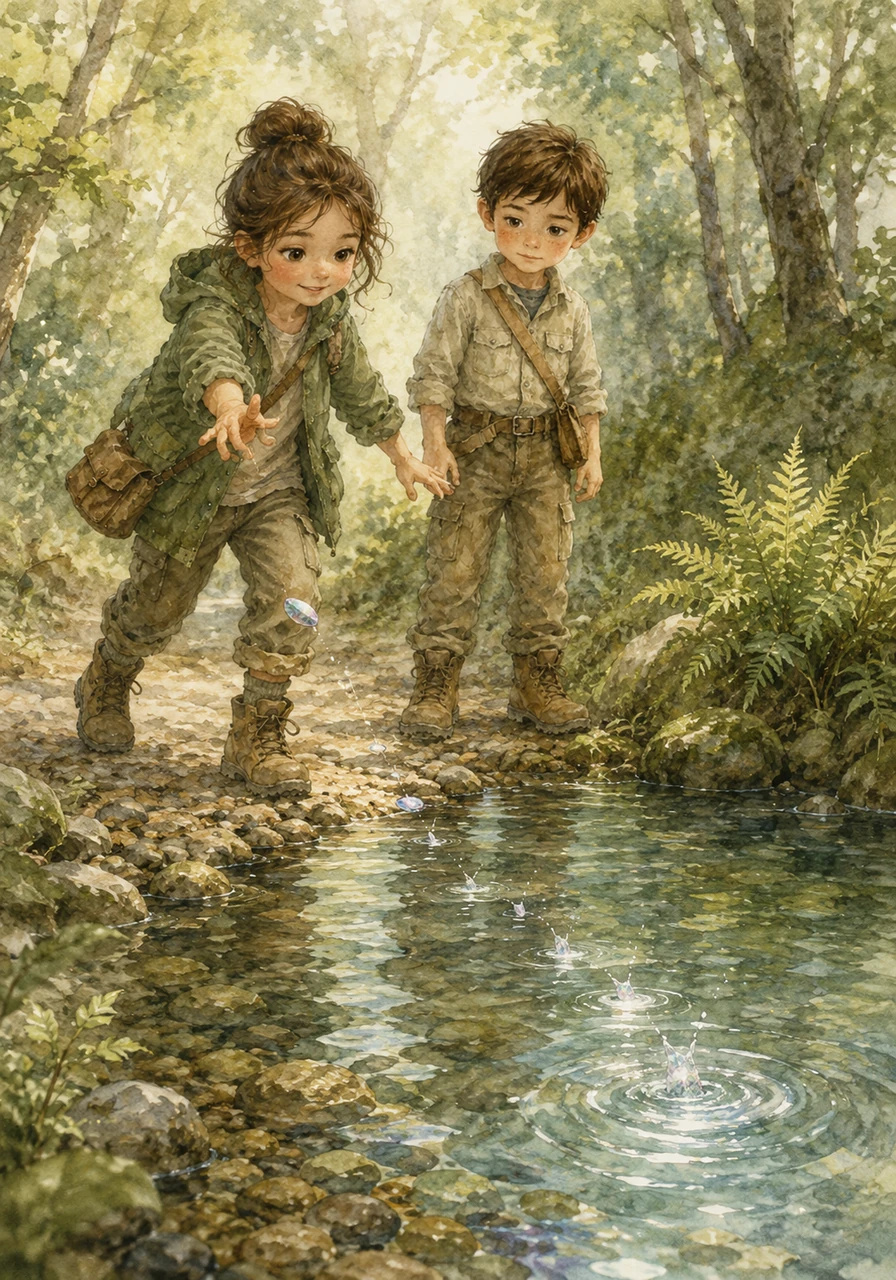 By a bubbling brook, the children found smooth stones that shimmered with strange, iridescent colors. Mia skipped a pebble across the crystal water while Leo watched the ripples spread toward the ferns on the far bank.