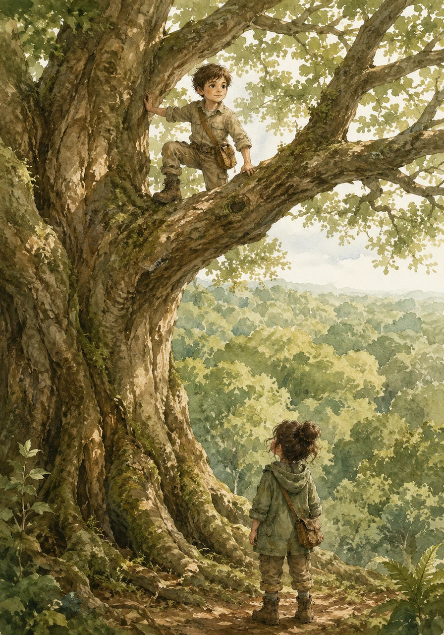 They reached the Great Oak, a tree so wide that even ten children holding hands could not encircle its trunk. Leo climbed the sturdy lower branches to get a better view of the endless sea of green leaves surrounding them.