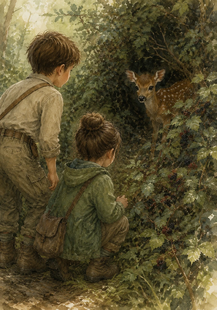 A silver-spotted fawn peeked out from behind a thicket of wild berries, its large eyes full of curiosity. The children stood perfectly still, holding their breath as the gentle creature sniffed the air before vanishing into the shadows.