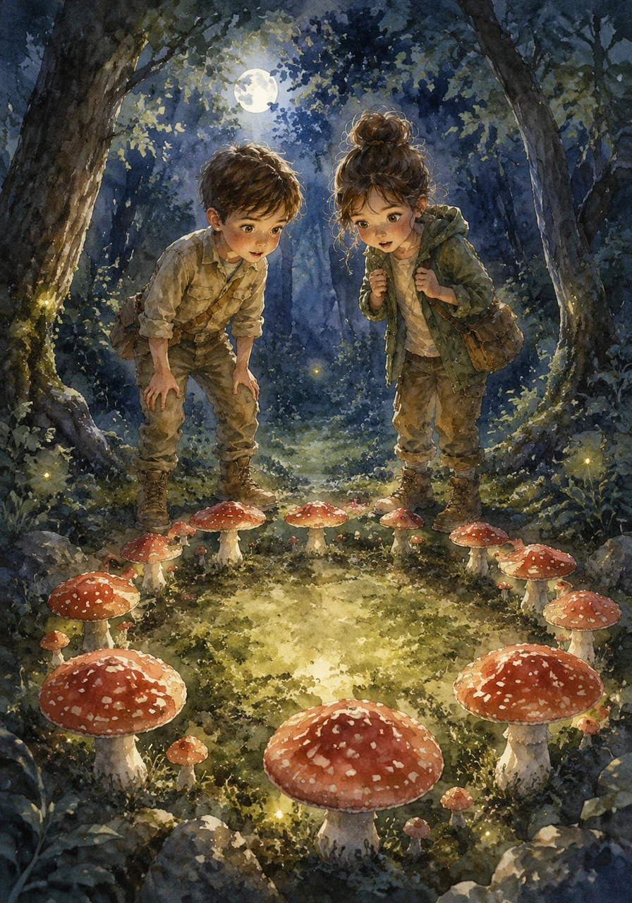 In a hidden clearing, they discovered a circle of mushrooms as large as stools, painted in vibrant shades of red and white. It looked like a hidden banquet hall, and the children imagined tiny forest spirits dancing there under the moonlight.