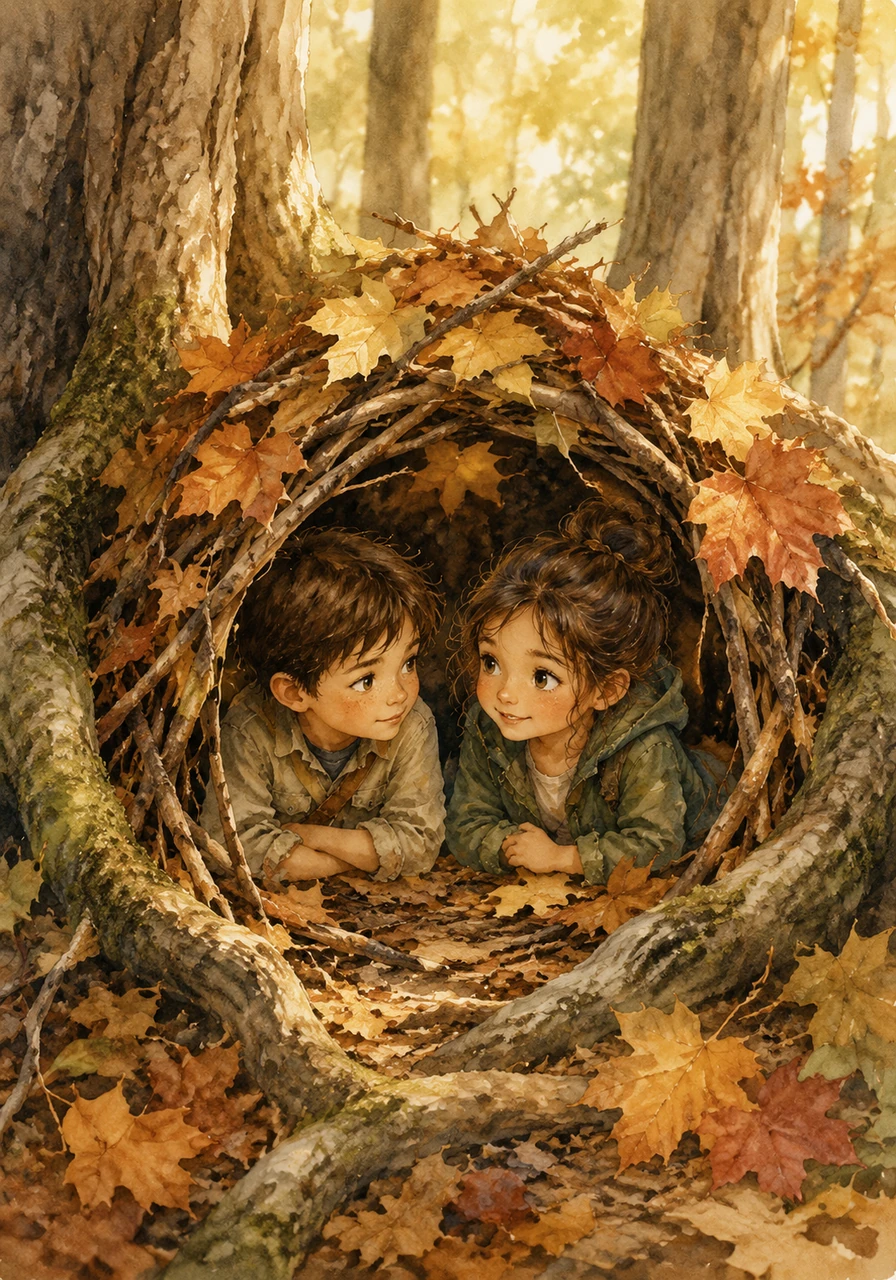 Using fallen branches and large maple leaves, Leo and Mia constructed a secret fort tucked between two ancient roots. They crawled inside their leafy sanctuary, sharing stories and secrets while the wind whispered through the trees above.
