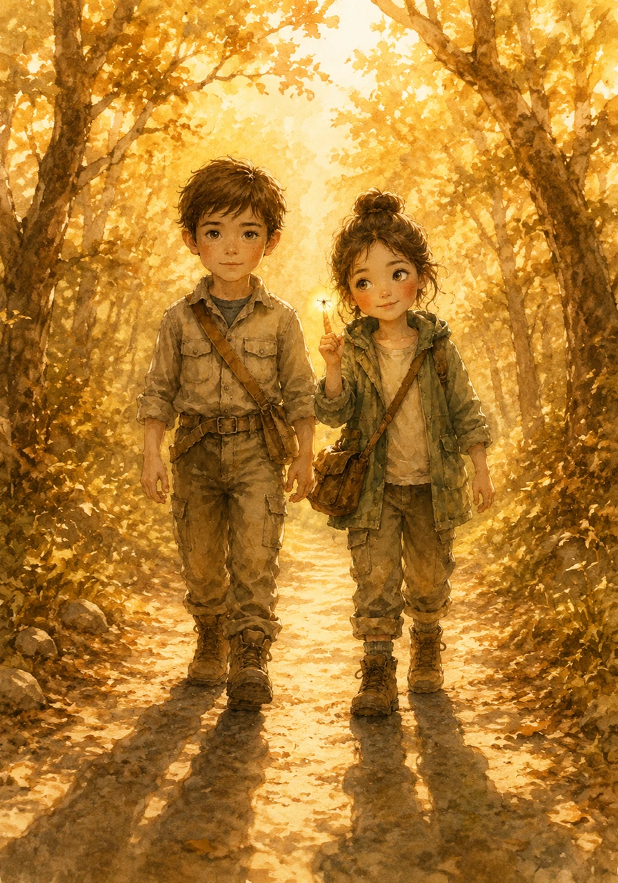 As the afternoon turned to evening, the forest was bathed in a warm, amber glow that turned every leaf into a piece of gold. The shadows grew long and playful, stretching across the path like friendly giants guiding them along.