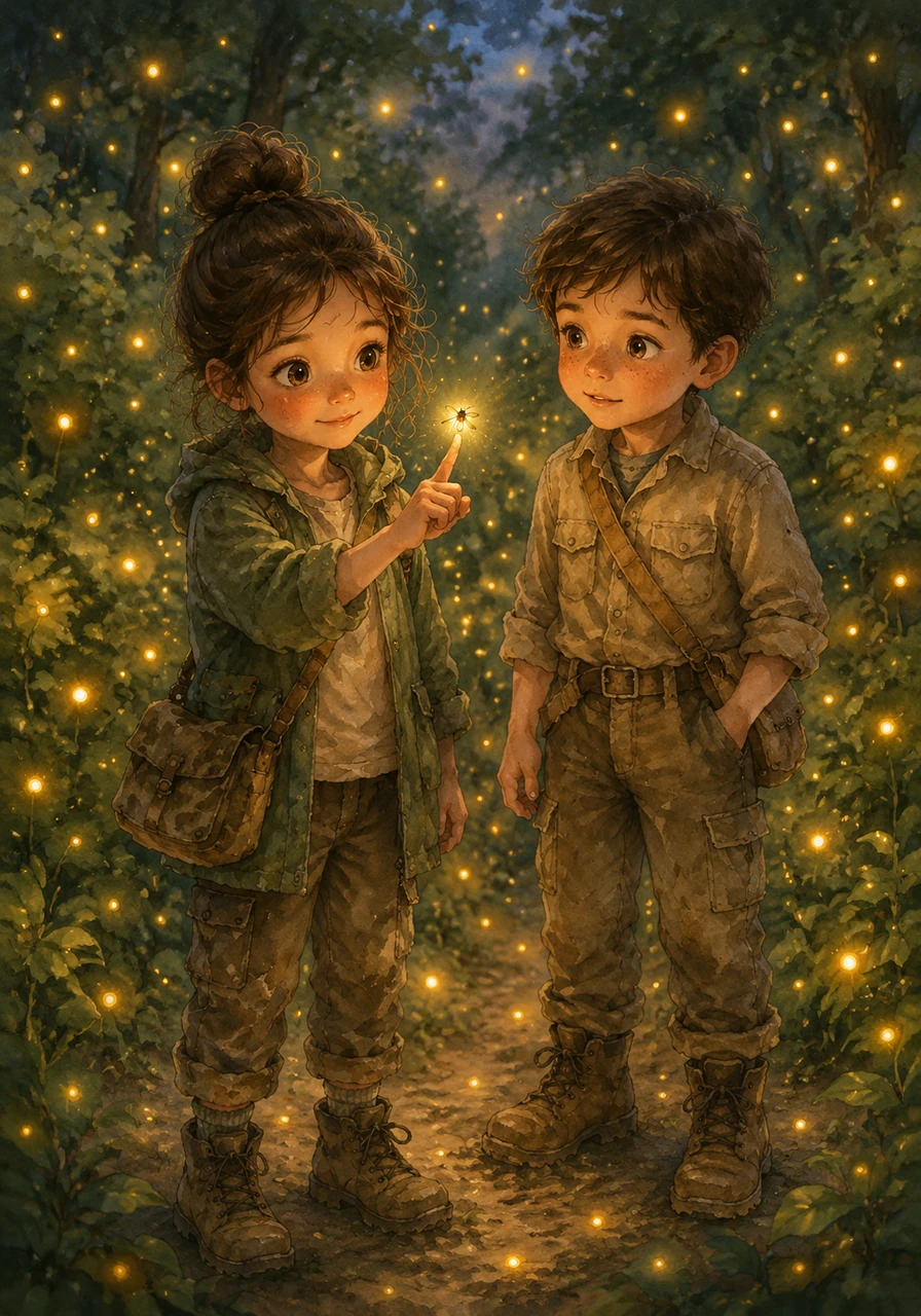 A thousand tiny fireflies began to blink among the bushes, acting as little lanterns to guide their way back. Mia reached out her hand, and for a brief moment, a flickering light landed on her fingertip like a living star.