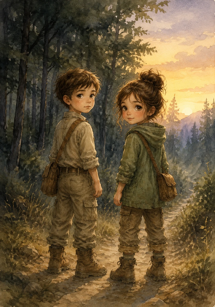 At the edge of the woods, the two children looked back one last time at the darkening silhouettes of the trees. They knew the forest held many more secrets, and they promised to return tomorrow for another grand adventure.