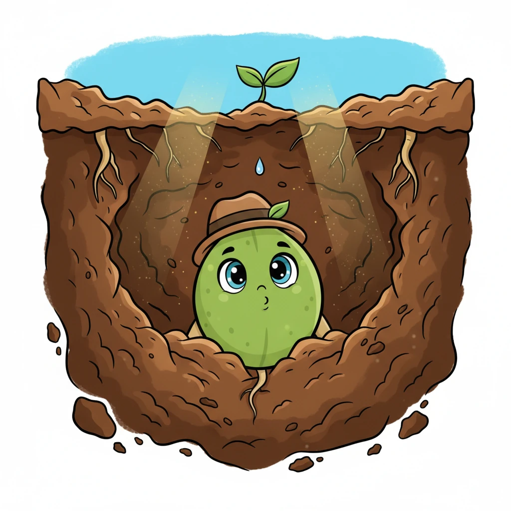 Pip, a tiny, round seed, nestled deep in the warm, dark soil. He had big dreams of growing tall and strong, reaching for the sky, and often imagined what it would be like to be a big tree. His little seed-face held a look of hopeful wonder.