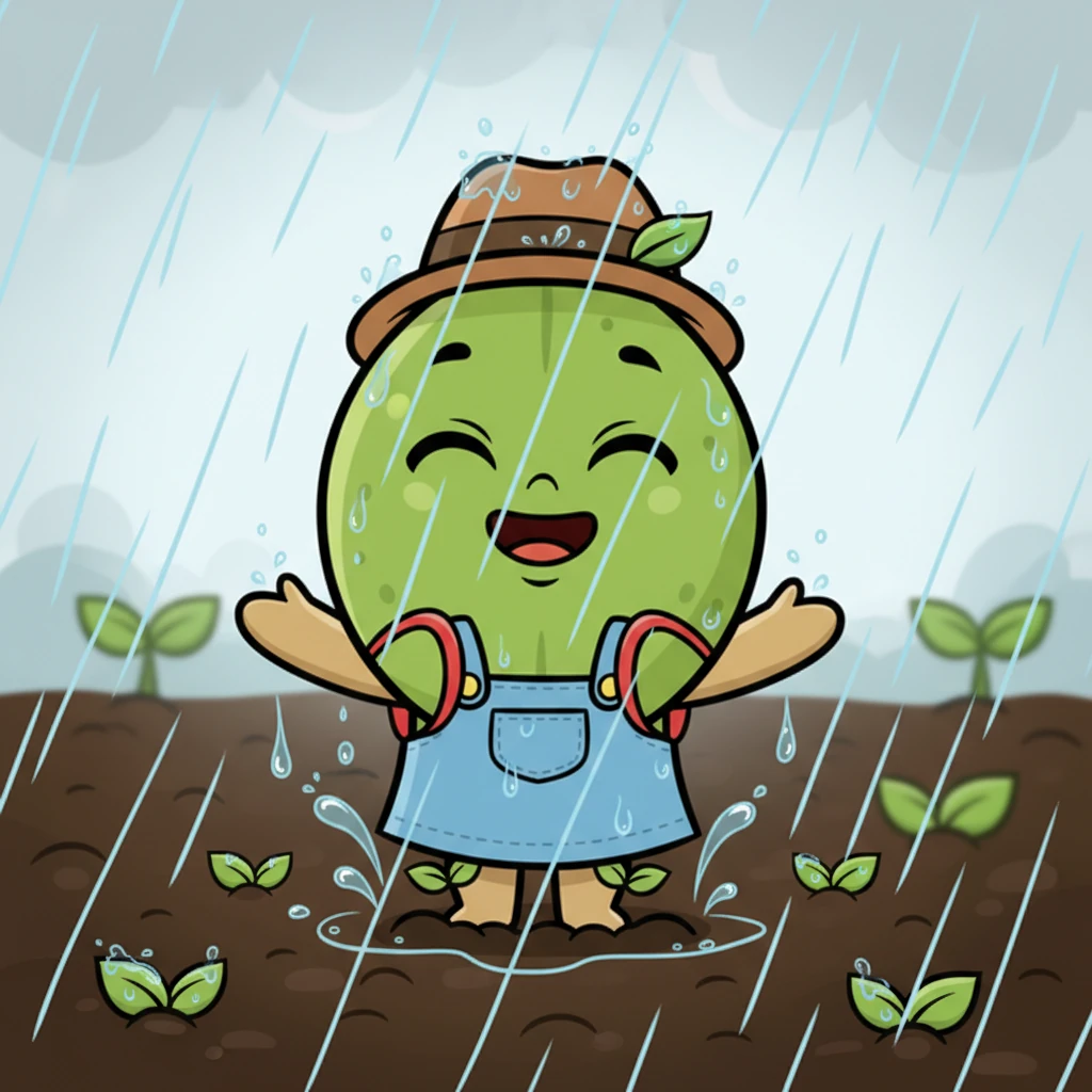 One morning, a gentle pitter-patter began. Cool raindrops soaked into the earth all around Pip. He happily drank the fresh water, feeling a joyful tingle spread through his tiny self as the soil became soft and welcoming.