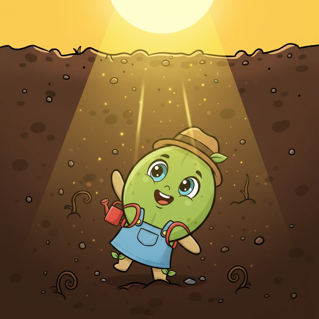 Then, a warm, golden glow pierced through the soil above him. It was the sun, shining brightly and beckoning Pip upwards with its gentle, encouraging warmth. He could feel its comforting light even from below the ground.