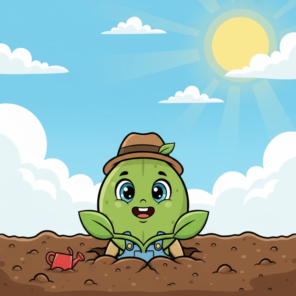 With a mighty push, Pip broke free from the soil! He was no longer just a seed, but a tiny green sprout, reaching eagerly for the sky. Two small, vibrant leaves unfurled, greeting the big, bright world.