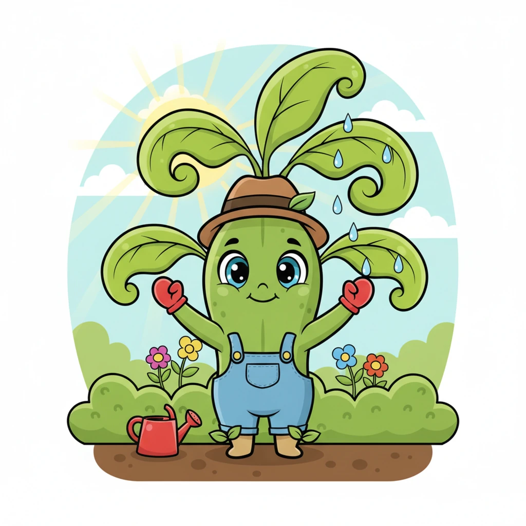 Day after day, Pip soaked up the golden sun and drank the refreshing rain. He grew taller and stronger, his stem thickening and more bright green leaves unfurling, turning him into a lively young plant standing proudly.