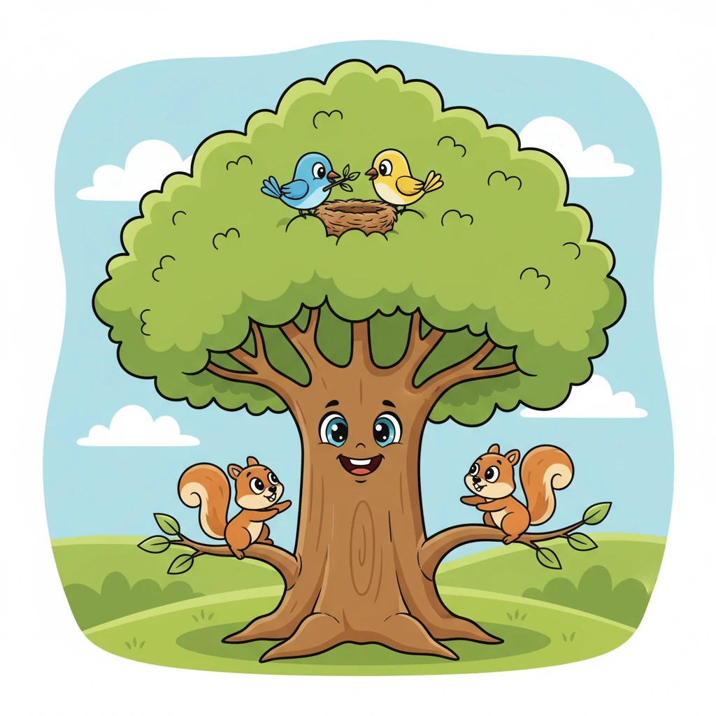 Birds came to build cozy nests in his branches, and playful squirrels scampered up his trunk, chasing each other through his leaves. Pip loved having so many cheerful friends around him, making his branches their home.