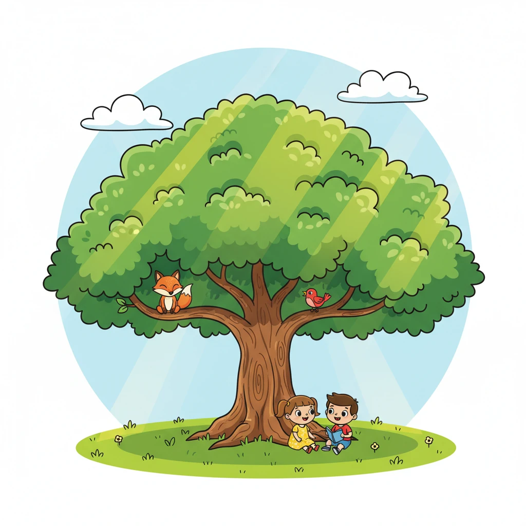 Pip continued to grow, becoming a magnificent tree with a wide, leafy canopy. His strong branches provided cool, comforting shade for all who rested beneath him, offering a peaceful spot on sunny days.