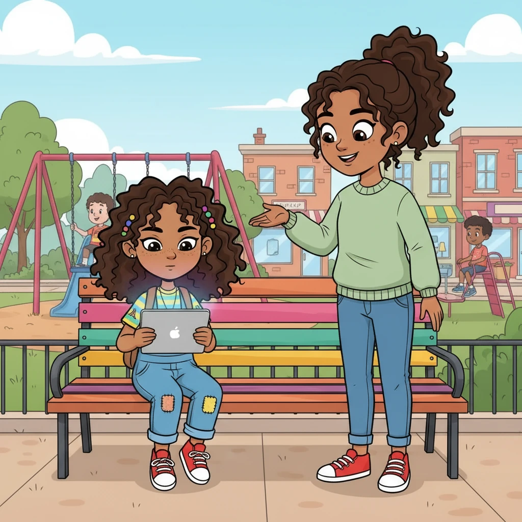 Elena, Sofia's older sister, tried to cheer her up. She showed Sofia their new neighborhood, pointing out the colorful shops and the children playing in the park. But Sofia found herself more drawn to the screen of her tablet, lost in the familiar glow of online games, escaping the overwhelming reality around her.