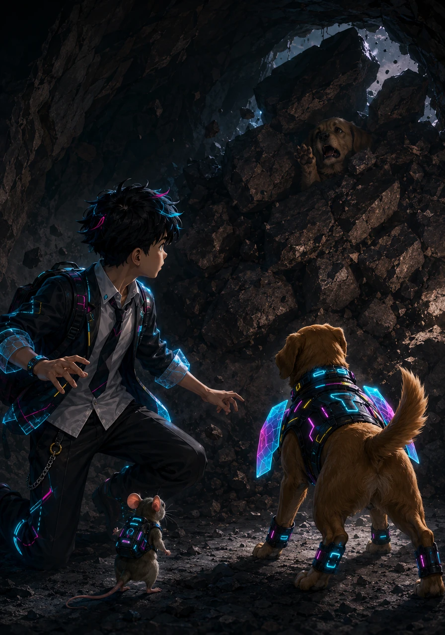 Suddenly, a loud rumble echoed from the entrance, and a pile of heavy rocks tumbled down, blocking the opening. From inside the pitch-black cave, Pip could hear Toby whimpering and calling out for help, completely trapped.