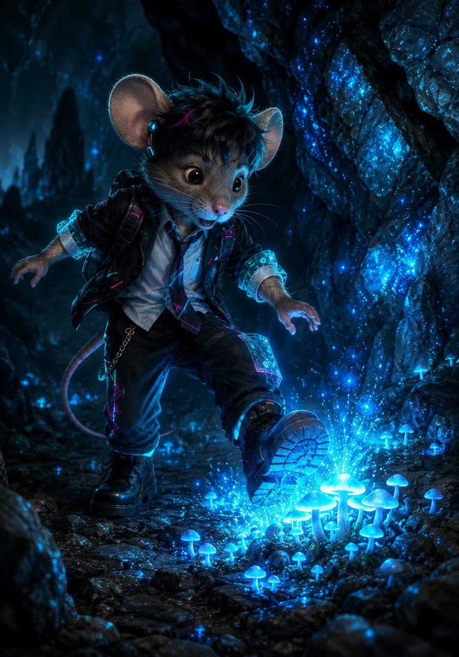 As Pip crept deeper into the cavern, his foot brushed against something soft, and a soft blue radiance suddenly erupted around him. He had stepped into a patch of magical, glowing mushrooms that illuminated the ancient stone walls like thousands of tiny stars.