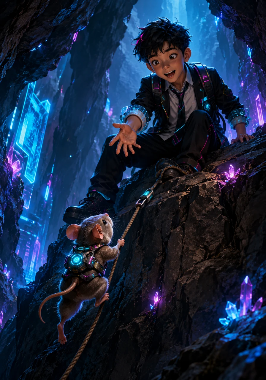 Deep within the heart of the cave, Pip finally found Toby sitting safely on a ledge, looking frightened but unhurt. Toby's face lit up with pure joy and relief when he saw his small friend coming to the rescue.
