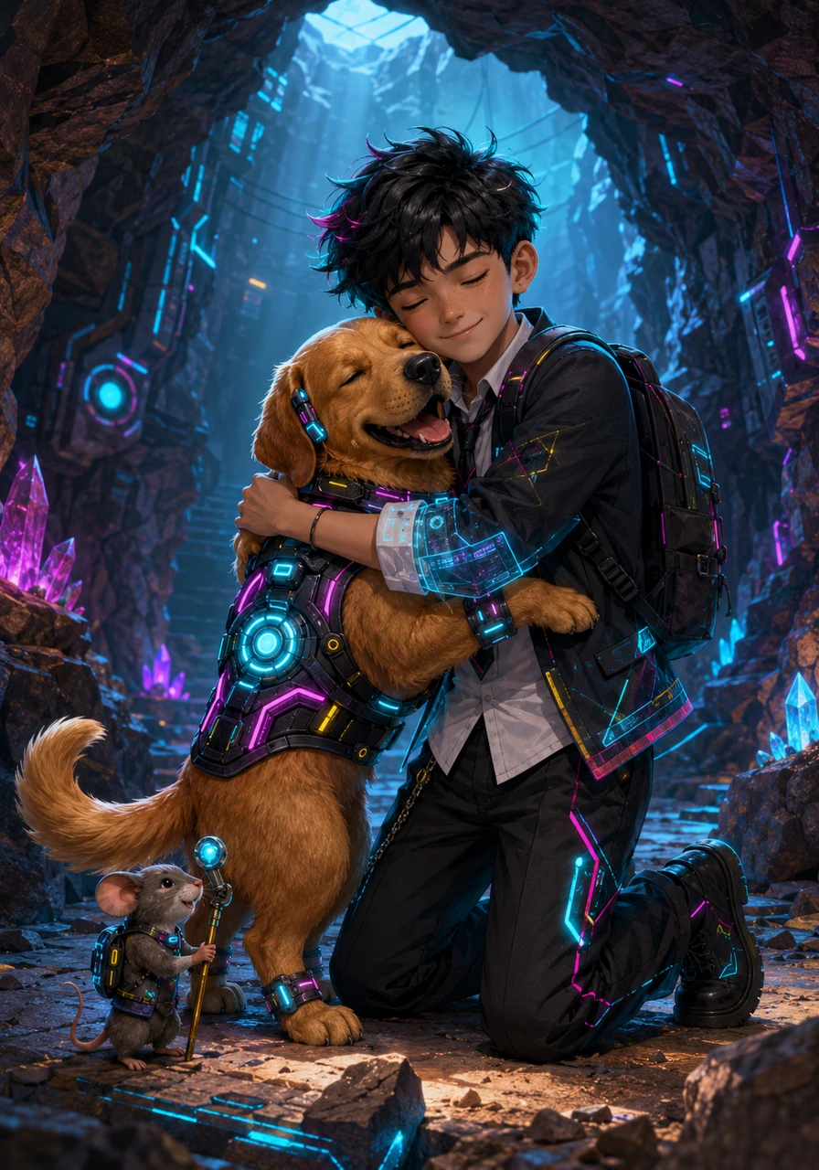 Using his clever mind and his walking stick as a lever, Pip carefully wiggled a loose stone free, creating a safe pathway for Toby to climb down. The two friends shared a warm, joyful hug in the middle of the glowing cavern.