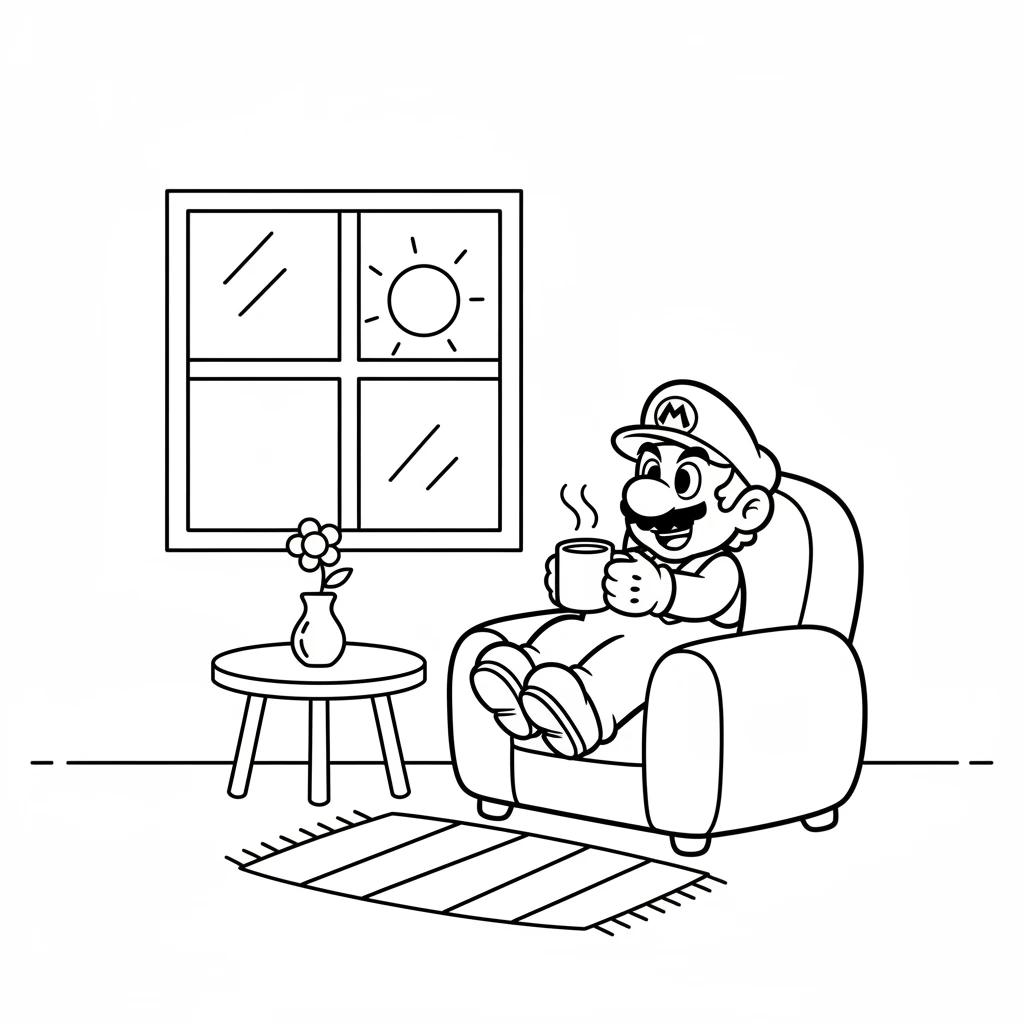 Mario is relaxing in his cozy house. He sips a drink and smiles, enjoying a quiet morning. The sun shines brightly through his window, promising a beautiful day.