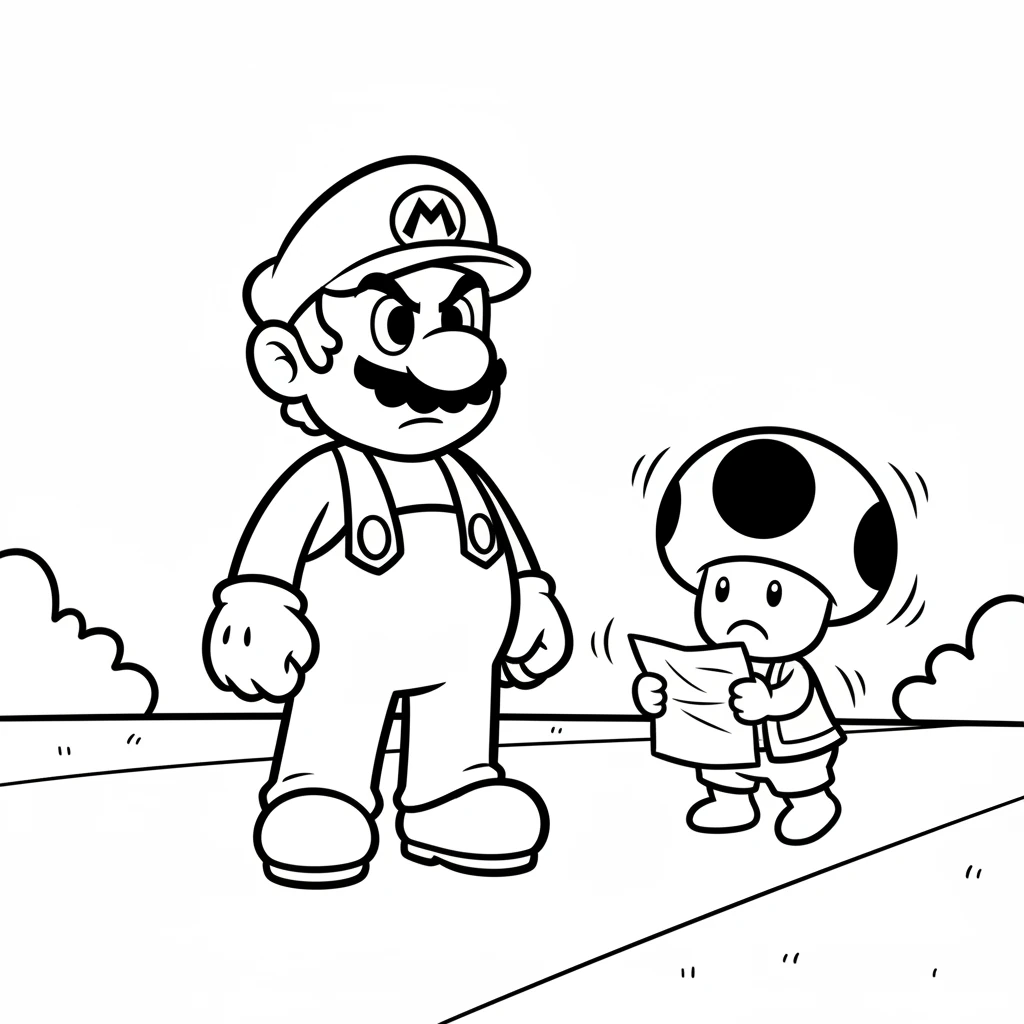 Suddenly, a little Toad bursts in, looking worried. He holds a crumpled letter with a plea from Princess Peach. Mario's happy mood quickly turns to determination.