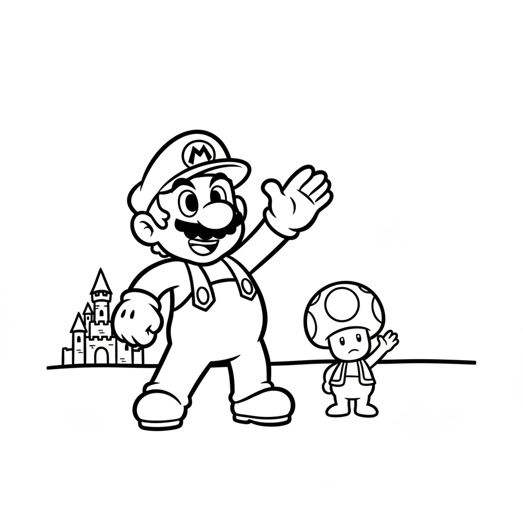 Mario puts on his trusty hat and overalls, ready for anything. He waves goodbye to Toad, his eyes set on a distant castle. His big adventure has just begun.
