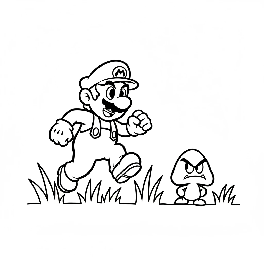 Mario walks through a vibrant green field, full of tall grass. He spots a grumpy Goomba waddling slowly towards him. Mario prepares to jump right over it.