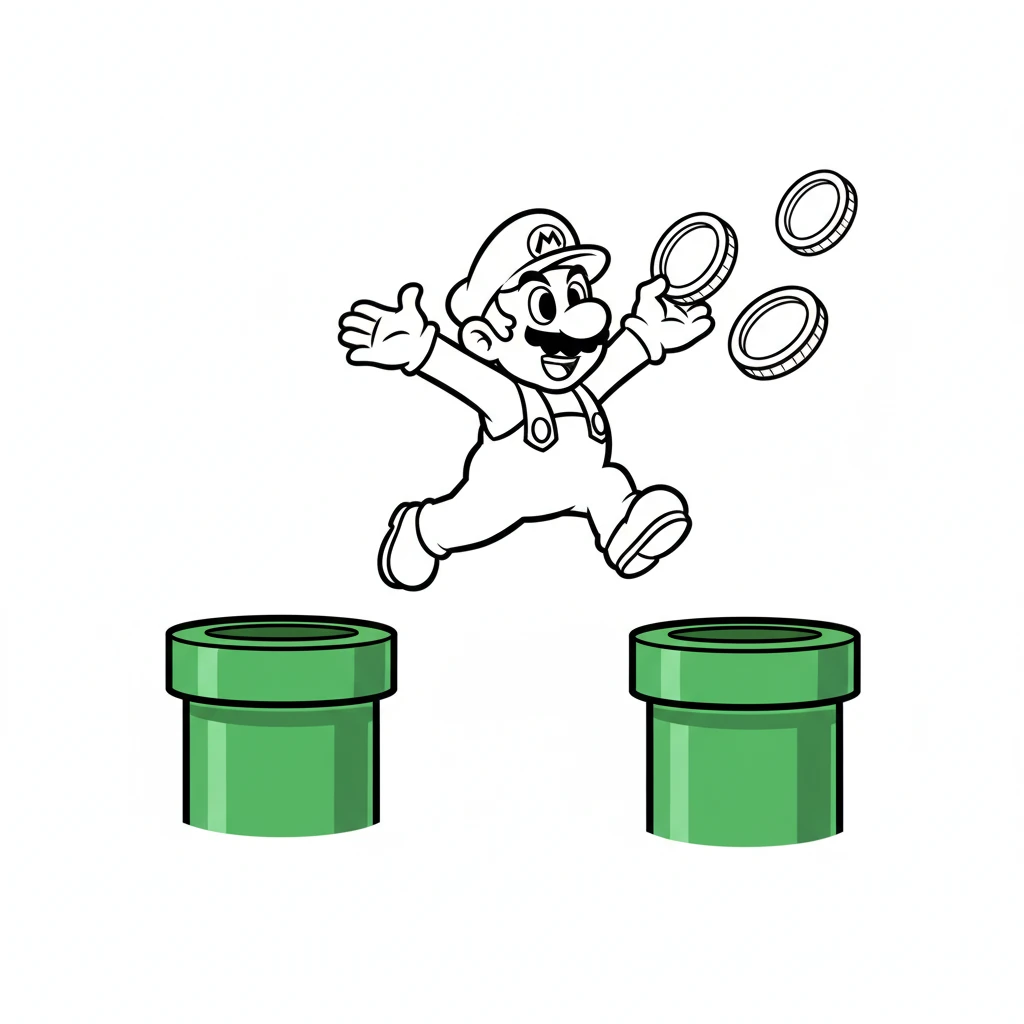 He skillfully leaps across a series of green pipes. Shiny gold coins float in the air, waiting to be collected. Mario grabs them with a happy cheer.