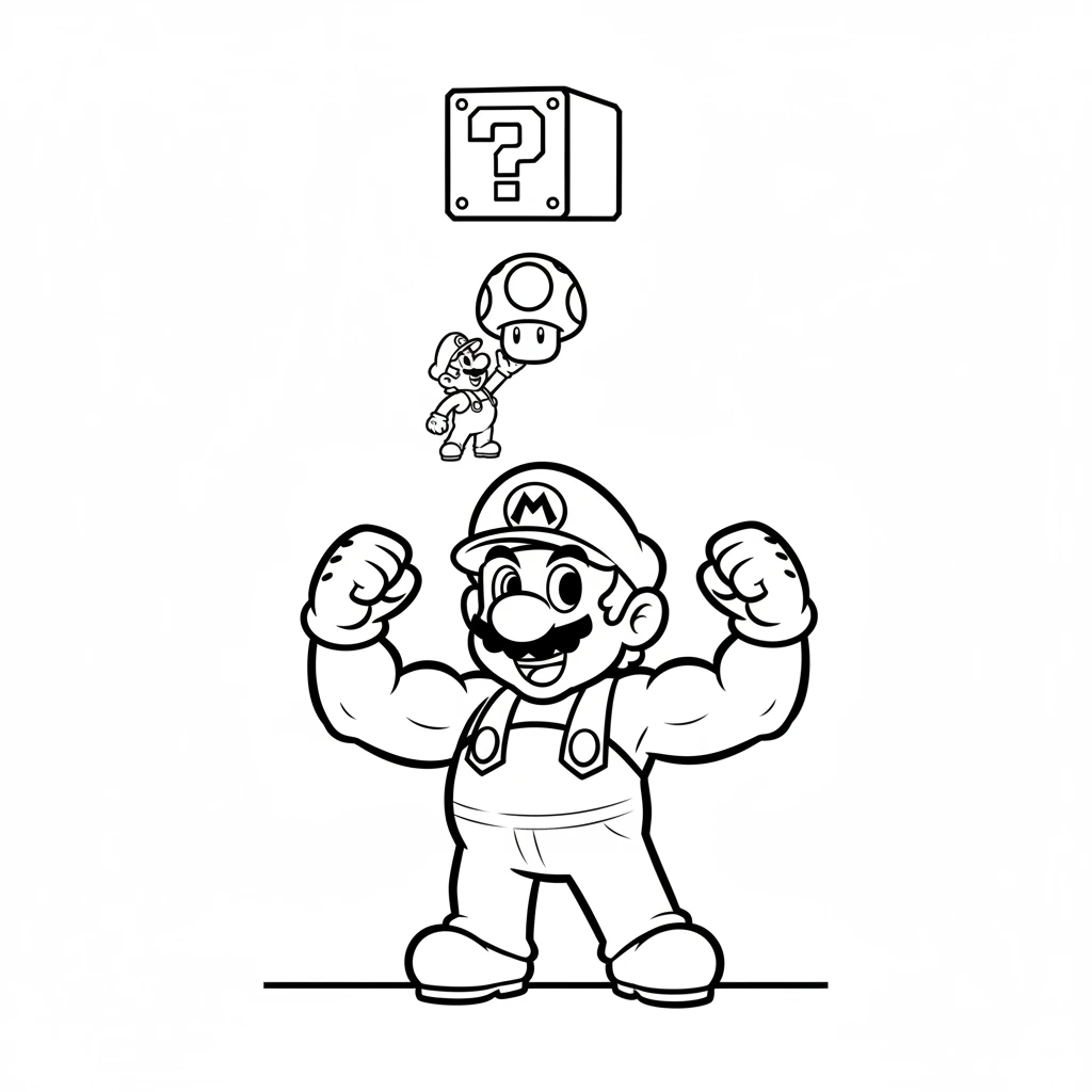 Under a question mark block, Mario finds a magical Super Mushroom! He eats it quickly and grows much bigger and stronger. Now he feels ready for any challenge.