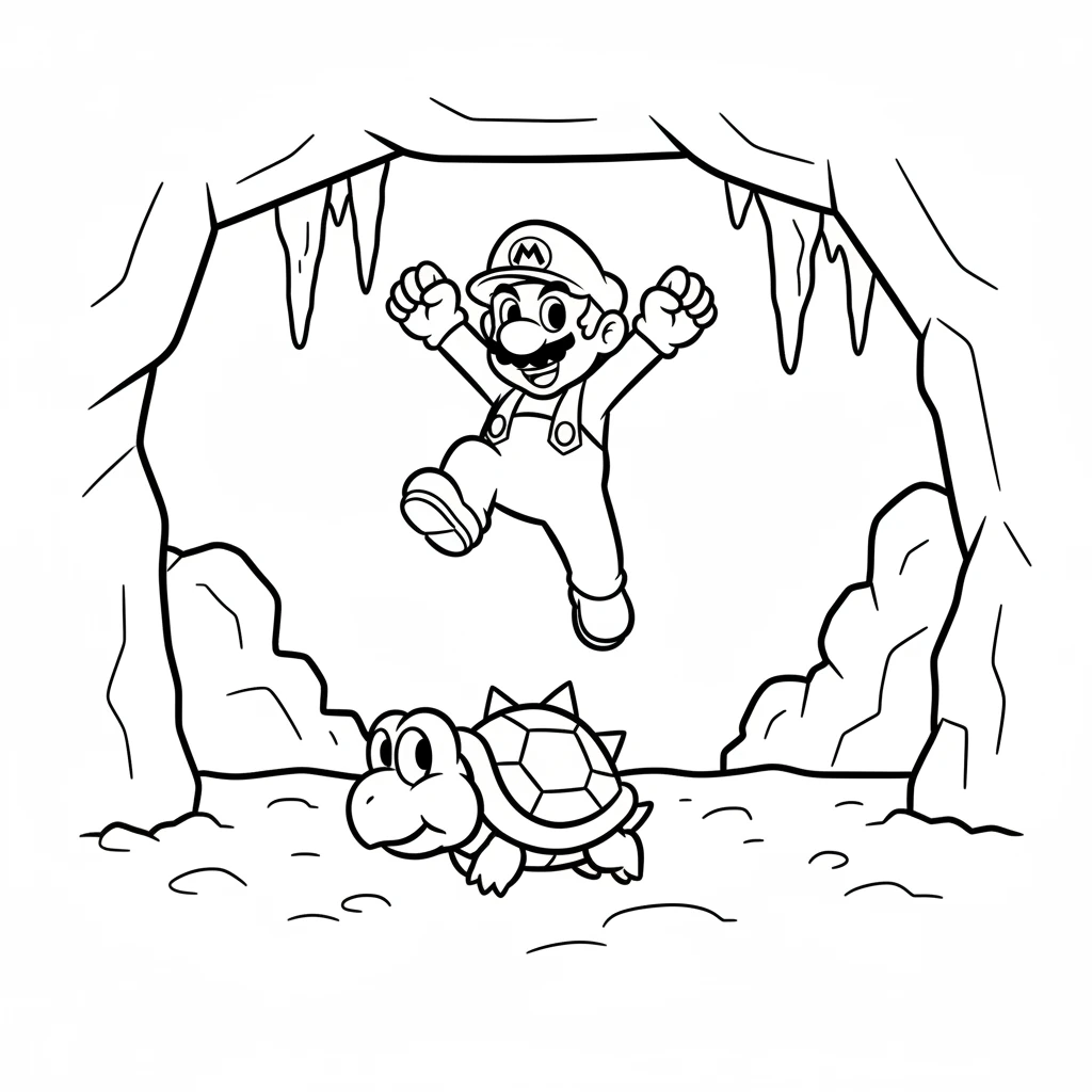 In a dark, rocky cave, a shelled Koopa Troopa slides back and forth. Mario carefully times his jump to avoid its spin. He knows he must be clever to pass.